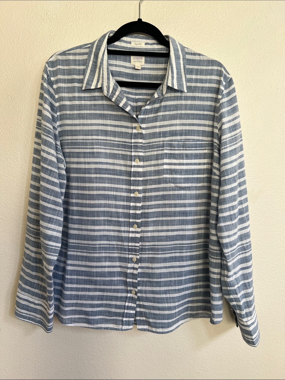 J.CREW FACTORY The Perfect Fit L-Sleeve Button-Up Shirt Striped Blue/White XL